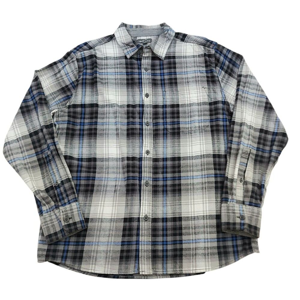 Eddie Bauer Mens XL Gray Blue Plaid Cotton Flannel Shirt Lumberjack Outdoor